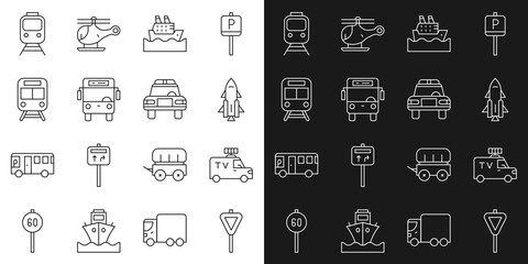 Set line Road traffic signpost, TV News car, Rocket ship with fire, Cruise, Bus, Train and railway, and Police flasher icon. Vector