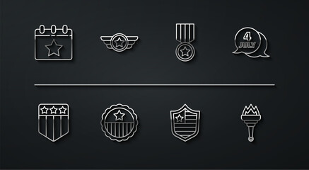 Set line Calendar with date July 4, Shield stars, USA Independence day, Medal, Star American military, Torch flame and icon. Vector