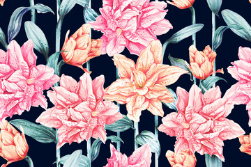 Seamless pattern of pink and orange lillies bouquet painted with watercolor on a blue background for fabric design. Vintage style wallpaper.Hand painted flower pattern illustration.