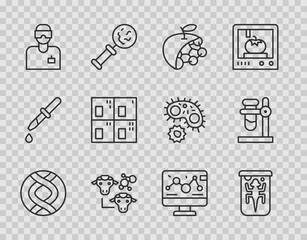 Set line DNA symbol, Experimental animal, Biological structure, Cloning, Laboratory assistant, Periodic table, Genetic engineering modification and Test tube flask stand icon. Vector