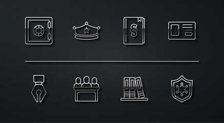 Set line Safe, Fountain pen nib, Identification badge, Office folders, Jurors, Police cap with cockade, and Law book icon. Vector