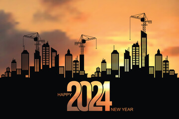 Black silhouette of construction with crane and bright morning sky. To prepare to welcome the year 2024, happy new year, changing new ventures. vector illustration isolated on the background.