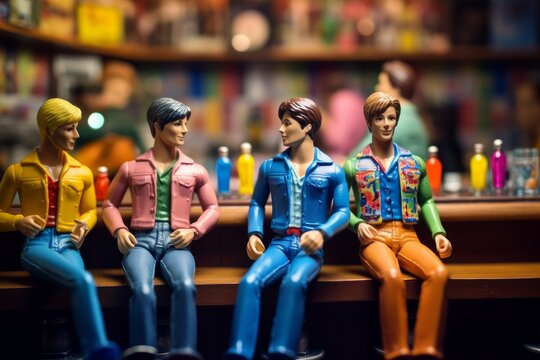 Fictional Gay Men - Plastic Dolls, Having fun at a colourful Gay Bar, Generative AI Illustration