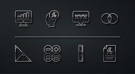 Set line Computer monitor with graph chart, Angle bisector of triangle, Mathematics sets and B, Ruler, Calculator, Function mathematical symbol, and XYZ Coordinate system icon. Vector