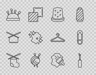 Set line Knitting needles, Awl tool, Thimble for sewing, Yarn ball with knitting, Needle bed and, Leather, and Safety pin icon. Vector