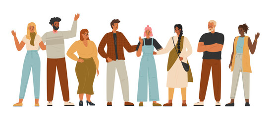 Diverse group of people isolated on white background, vector illustration. People of different race and nations, men and women standing together. Multiethnic and multicultural community