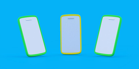 Set of colorful green and yellow mobile phones with blank screens. 3D illustration