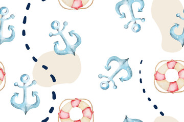 Seamless pattern of anchor and lifebuoy painted in watercolor.Designed for fabric luxurious and wallpaper, vintage style.Suitable for the sea in summer.Cute pattern suitable for kid.