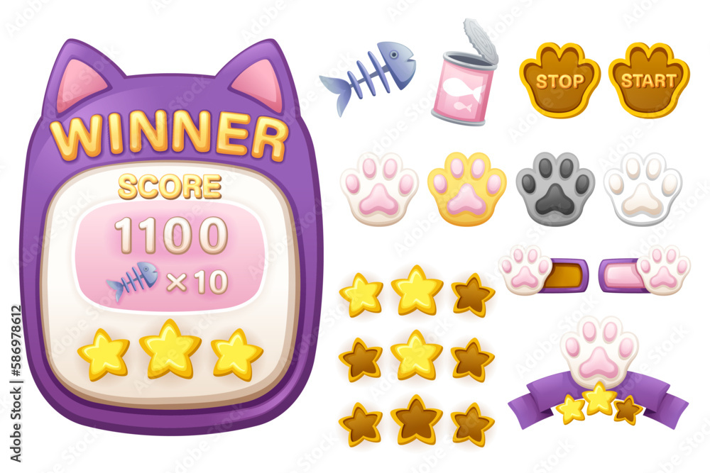 Aufkleber score menu and asset vector game template gui kit. interface score menu page elements