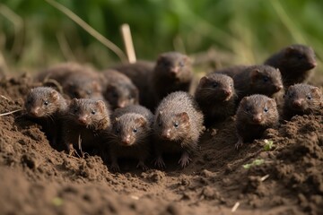 Fototapeta premium Rodents, mice in the garden that spoil the harvest close-up. AI generated
