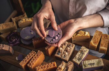 Woman master soap maker holds handmade lavender soap in her hands. Eco-friendly natural craft...
