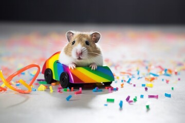 Fototapeta na wymiar Hamster driving colorful miniature car