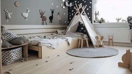 child room interior with deer pattern