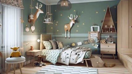 interior of a child room with deer pattern
