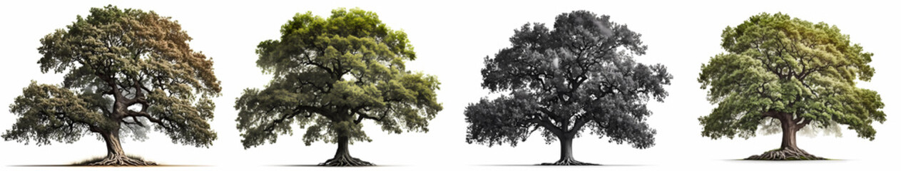 set of old oak trees isolated on white background
