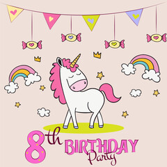 happy birthday card with horse, birthday card with horse, birthday party invitation with baby unicorn, hand drawn unicorn poster design, 8th birthday