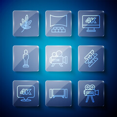 Set line 4k Ultra HD, Smart Tv, Retro cinema camera, Screen tv with, Movie trophy, and Cinema ticket icon. Vector