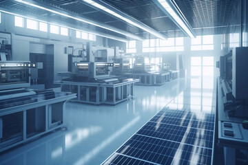 Obraz premium The advanced factory utilizes cutting-edge technology and innovation to produce solar panels with the highest degree of precision and efficiency. Generative Ai