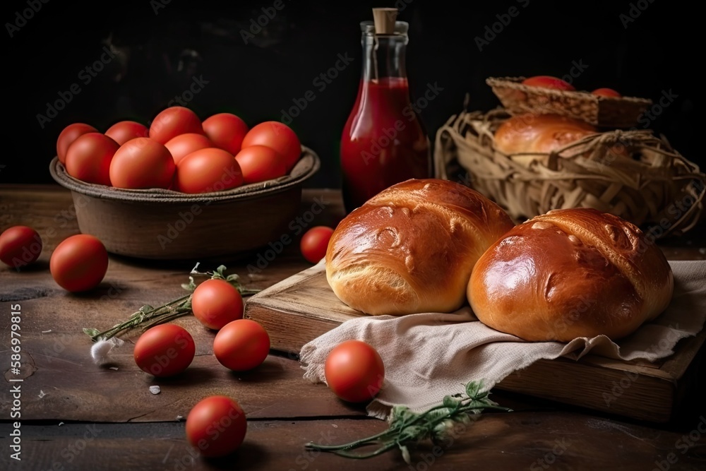 Aufkleber rustic table adorned with fresh bread and ripe tomatoes. generative ai