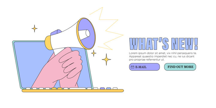 Hand hold megaphone or loudspeaker announce important message vector illustration. Concept of news, sales or discounts and new releases. Creative web or social media banner, ui, website advertisement.