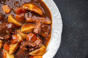 beef bourguignon meat dish with vegetables ready to eat healthy meal food snack on the table copy space food background rustic top view