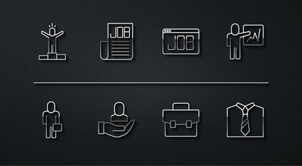 Set line Productive human, Businessman, Leader of team of executives, Briefcase, Worker, Search job, Tie and icon. Vector