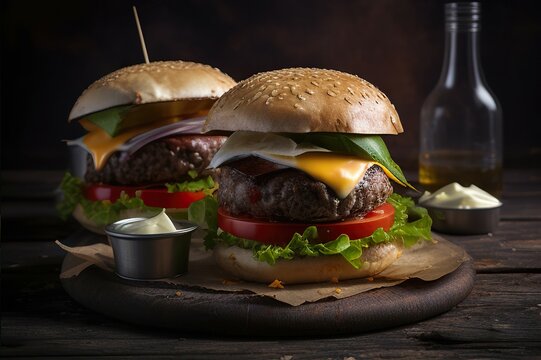Hamburger ready Lettuce, tomato shallots Cysts and tusks are placed on a cut wooden board with a brown frame backdrop. AI-generated images