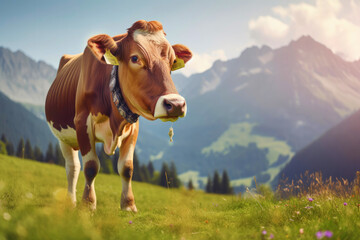Well-groomed cow graze in alpine meadow against the backdrop of a magnificent mountain landscape. Organic farming. Created with Generative AI technology.