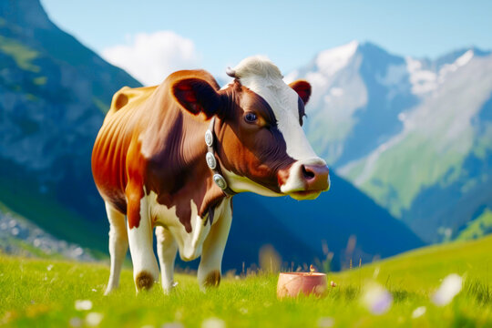 Well-groomed cow graze in alpine meadow against the backdrop of a magnificent mountain landscape. Organic farming. Created with Generative AI technology.