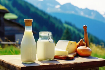 Natural dairy products on a table with an alpine landscape as a backdrop. Organic farming background. Created with Generative AI technology.