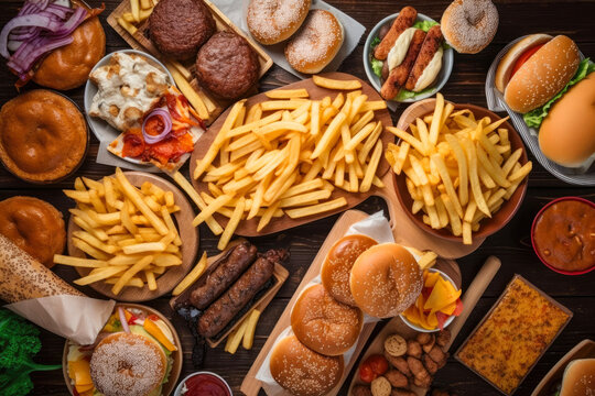 Table full of fast food: hamburgers, fries, cheese balls, burgers, and more. View from above. Created with Generative AI technology.