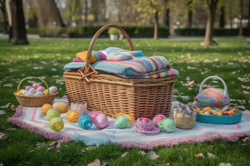 Easter egg picnic in the park created with Generative AI