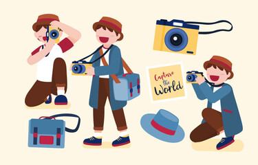 Photographer with camera while travel around the world in cartoon character, capture the world concept, flat design vector illustration