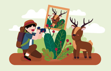 Wild Animal Photographer man use camera shooting dear in forest, cartoon character