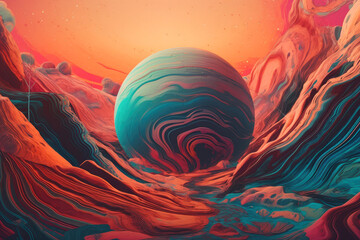 Psychedelic Design Art Colorful Background with a Planet. Generative AI