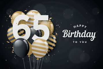 Happy 65th birthday balloons greeting card black background. 65 years anniversary. 65th celebrating with confetti. Vector stock