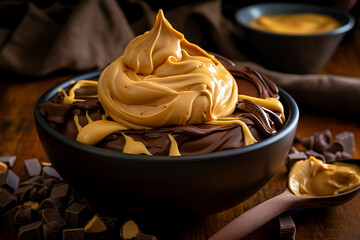Chocolate cream with peanut butter in a bowl. Dark food style illustration. Menu. Generative AI.