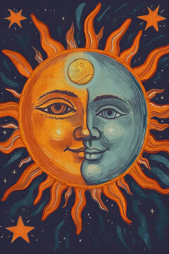 Psychedelic Illustration of Sun And Moon. Generative AI
