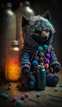 Exclusive knitted wolf in the lab toy, children's fantasy cyberpunk toy. Decorative gift for children. Character for children's books and stories. Created with AI.