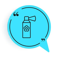 Black line Air freshener spray bottle icon isolated on white background. Air freshener aerosol bottle. Blue speech bubble symbol. Vector