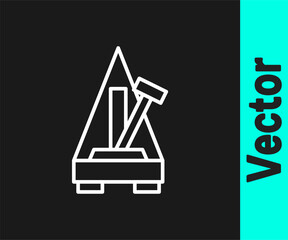 White line Classic Metronome with pendulum in motion icon isolated on black background. Equipment of music and beat mechanism. Vector