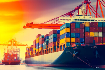 Logistics sea port concept. Big cargo ship with containers. Generative AI.