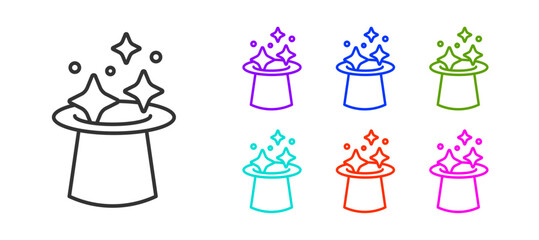 Black line Magic hat icon isolated on white background. Magic trick. Mystery entertainment concept. Set icons colorful. Vector