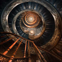 Long stairs up concept. Wooden structure concept stairway. Generative AI.