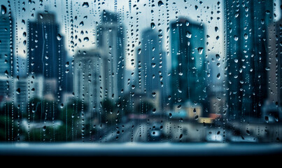 Wet glass with blurred urban background. Rainy window with street background. Generative AI.
