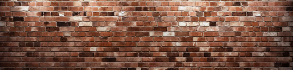 Brickwall texture. Extra wide format. light colored reddish bricks. Top lighted. Generative AI.