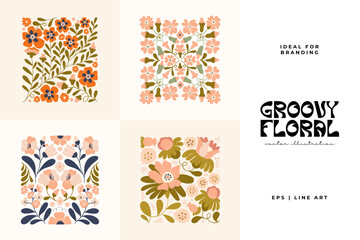 Floral abstract elements. Botanical groovy composition. Modern trendy Matisse minimal style. Floral poster, invite. Vector arrangements for greeting card or invitation design