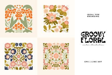 Floral abstract elements. Botanical groovy composition. Modern trendy Matisse minimal style. Floral poster, invite. Vector arrangements for greeting card or invitation design