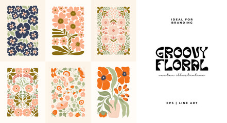 Fototapeta na wymiar Floral abstract elements. Botanical groovy composition. Modern trendy Matisse minimal style. Floral poster, invite. Vector arrangements for greeting card or invitation design