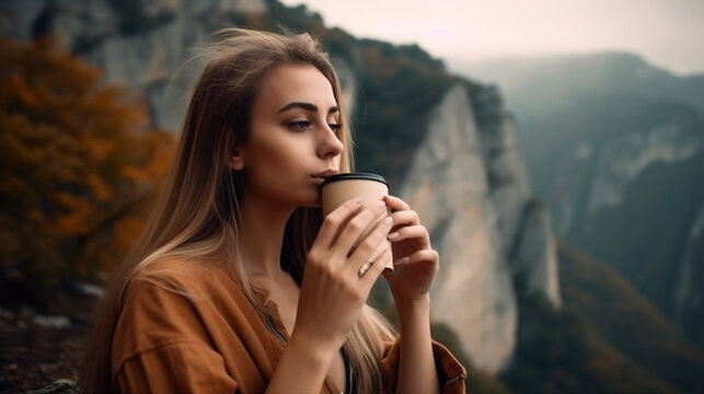 Coffee and beautiful woman, woman drinking coffee. Generative AI.